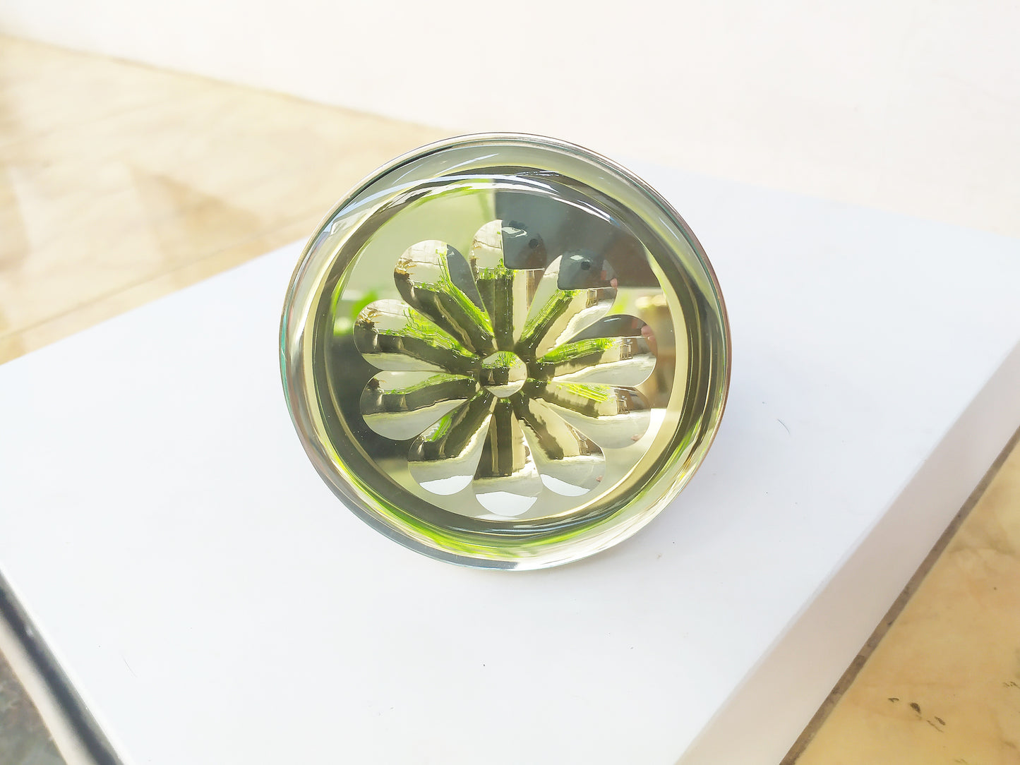 Inlaid engraved mirror round curtain holdback , front view