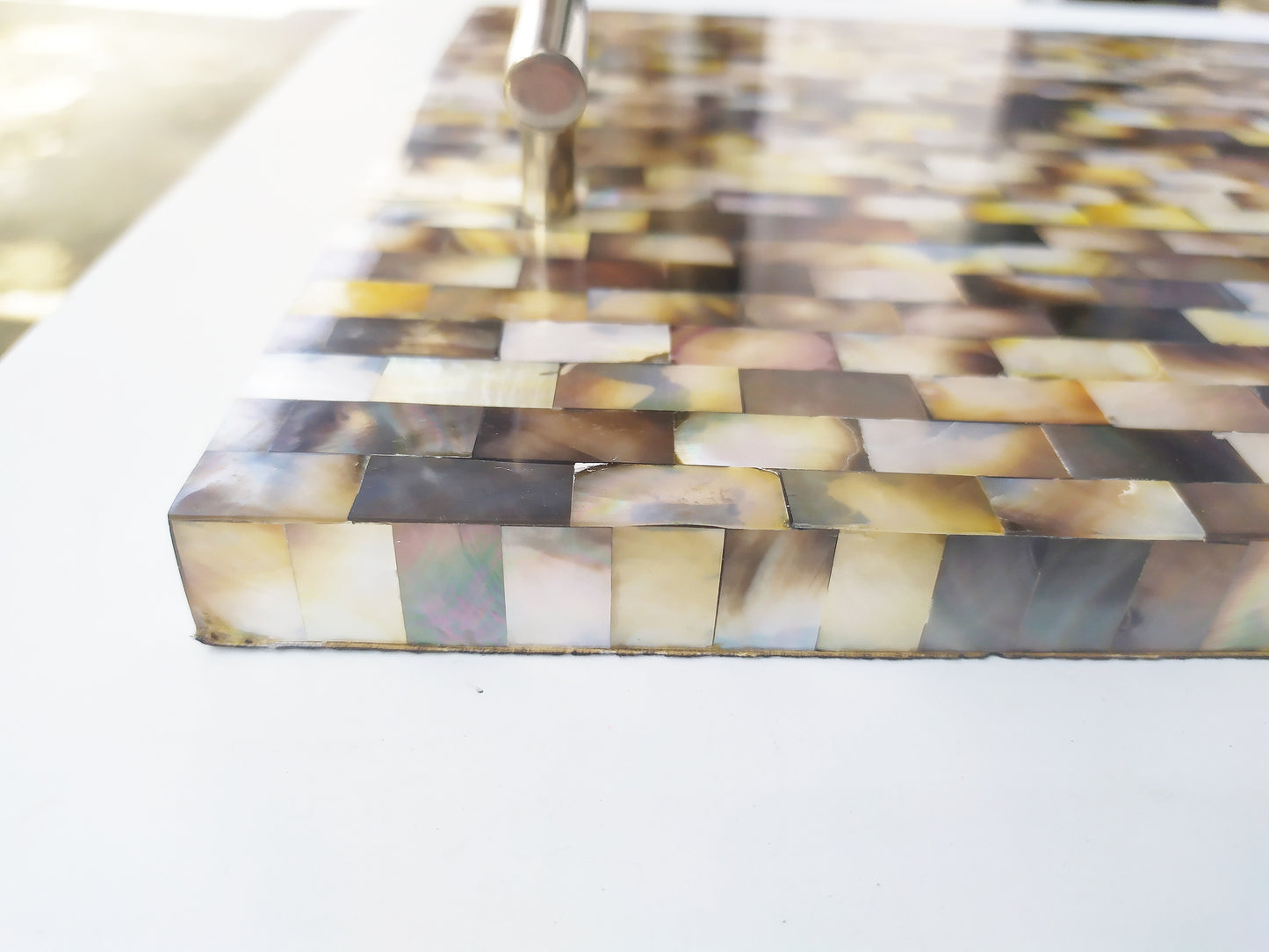 Mother of Pearl Square Decorative Tray - Pearl Gray Tray with Brass Handles