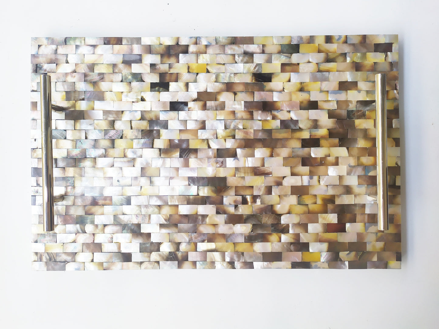 Mother of Pearl Square Decorative Tray - Pearl Gray Tray with Brass Handles
