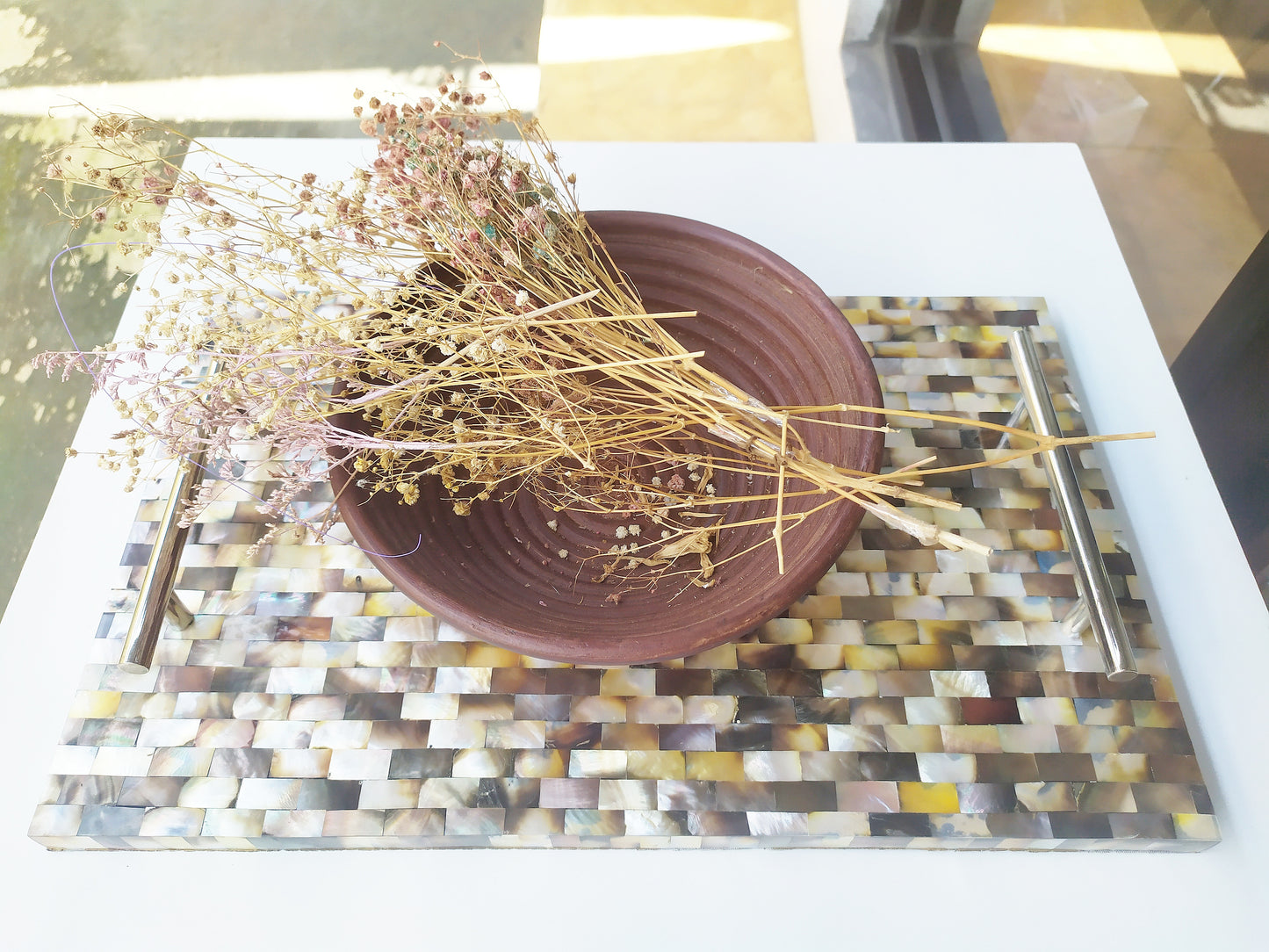Mother of Pearl Square Decorative Tray - Pearl Gray Tray with Brass Handles