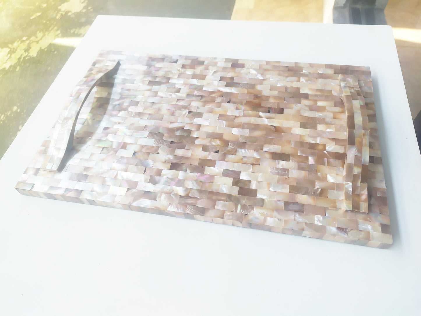 Mother of Pearl Square Decorative Tray - Pearl Pink Tray with Mother of Pearl Bridge Bow Handles
