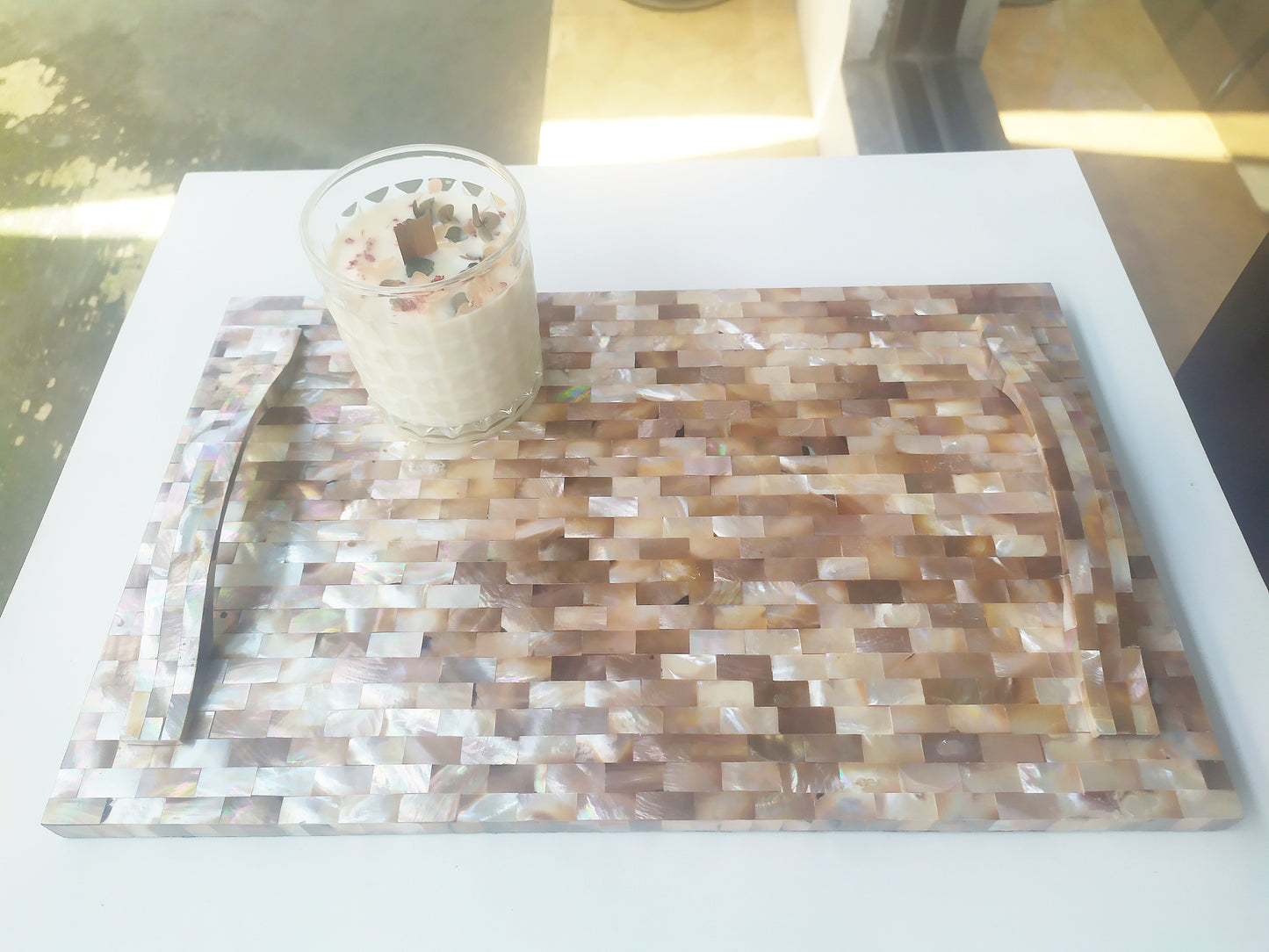 Mother of Pearl Square Decorative Tray - Pearl Pink Tray with Mother of Pearl Bridge Bow Handles