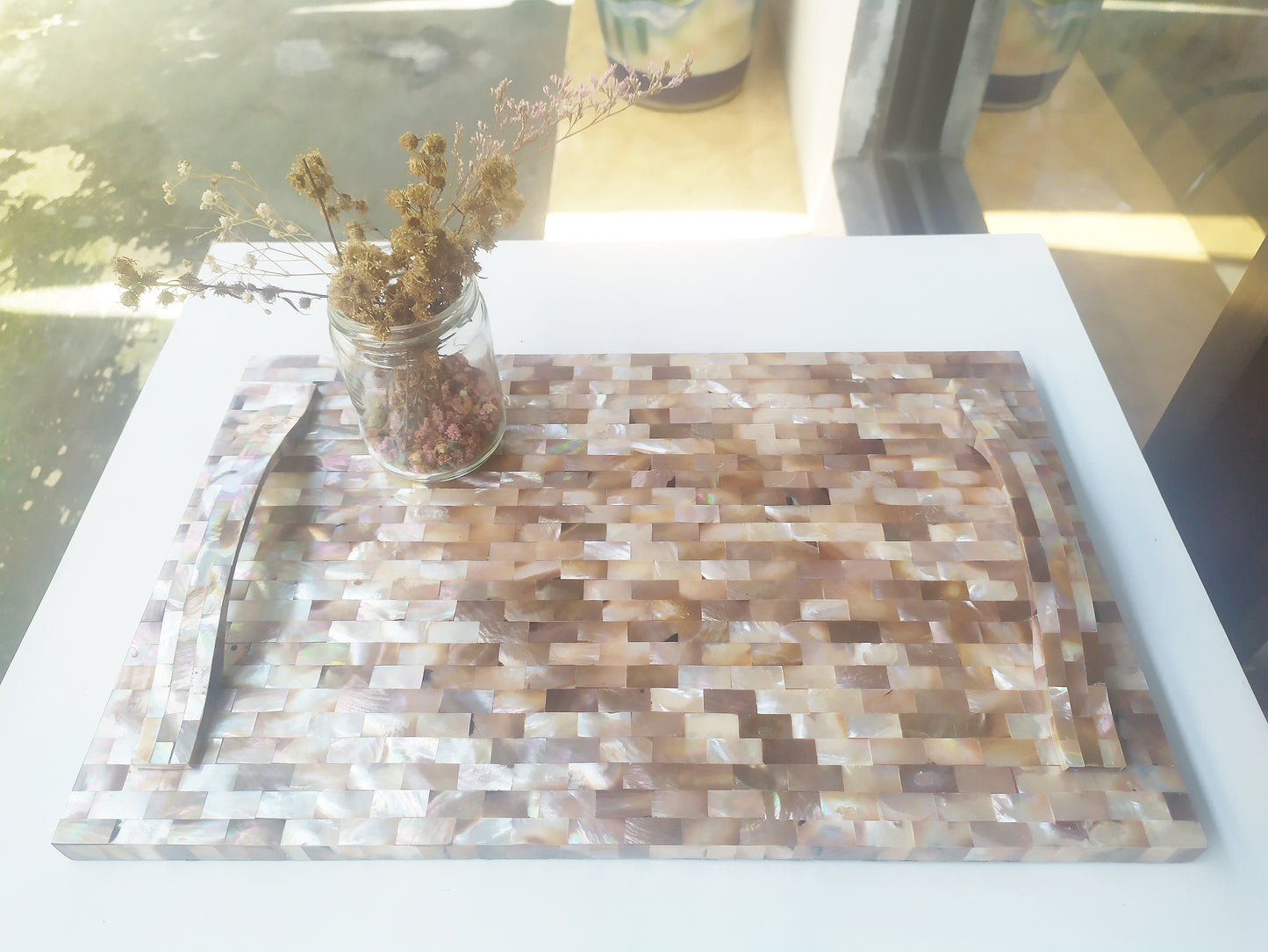 Mother of Pearl Square Decorative Tray - Pearl Pink Tray with Mother of Pearl Bridge Bow Handles