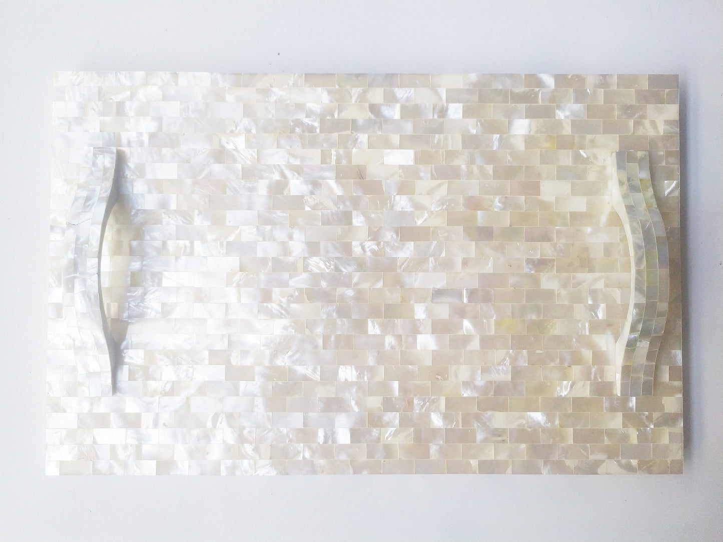 Mother of Pearl Square Decorative Tray - Pearl White Tray with Mother of Pearl Bridge Bow Handles