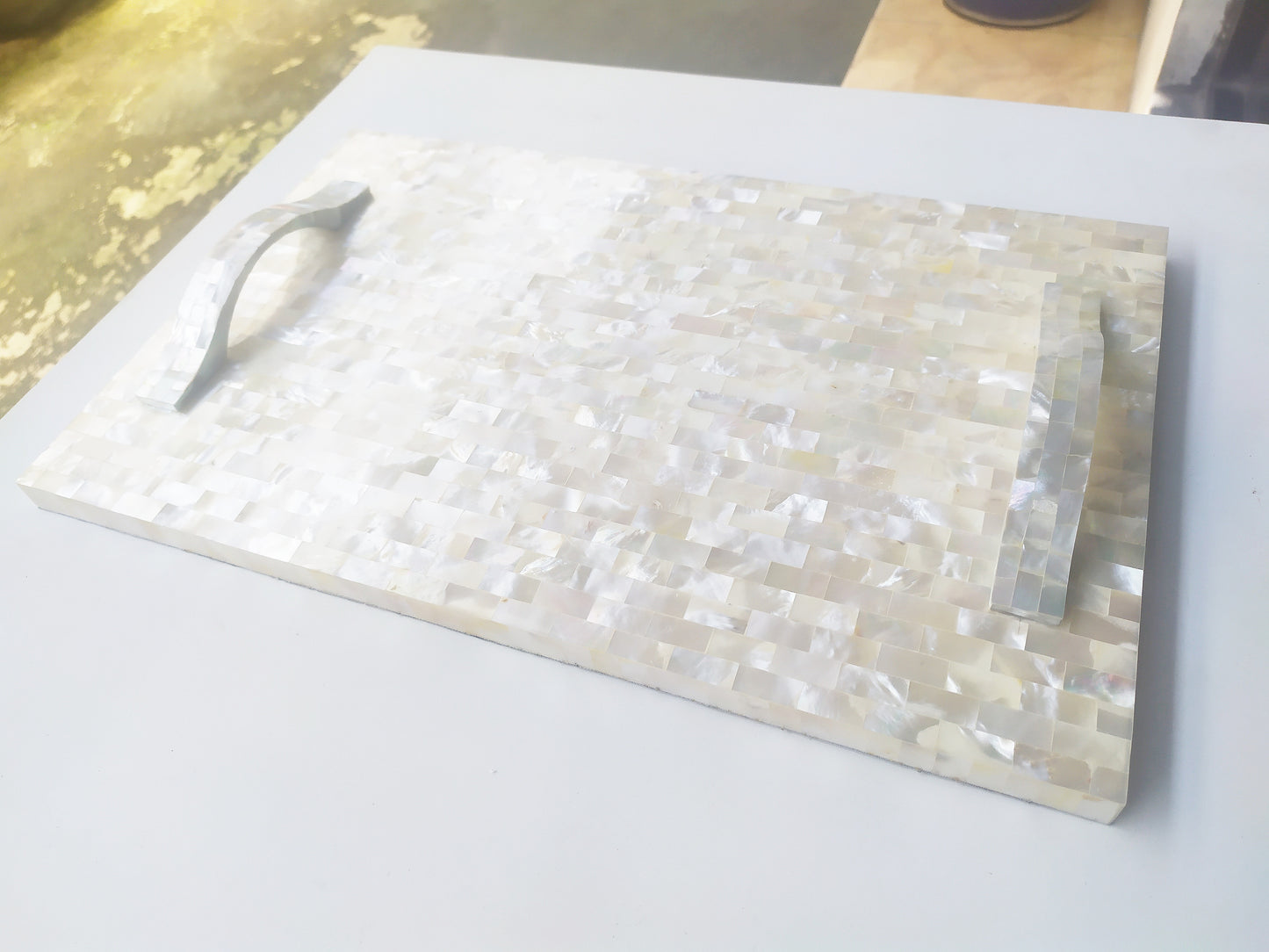 Mother of Pearl Square Decorative Tray - Pearl White Tray with Mother of Pearl Bridge Bow Handles