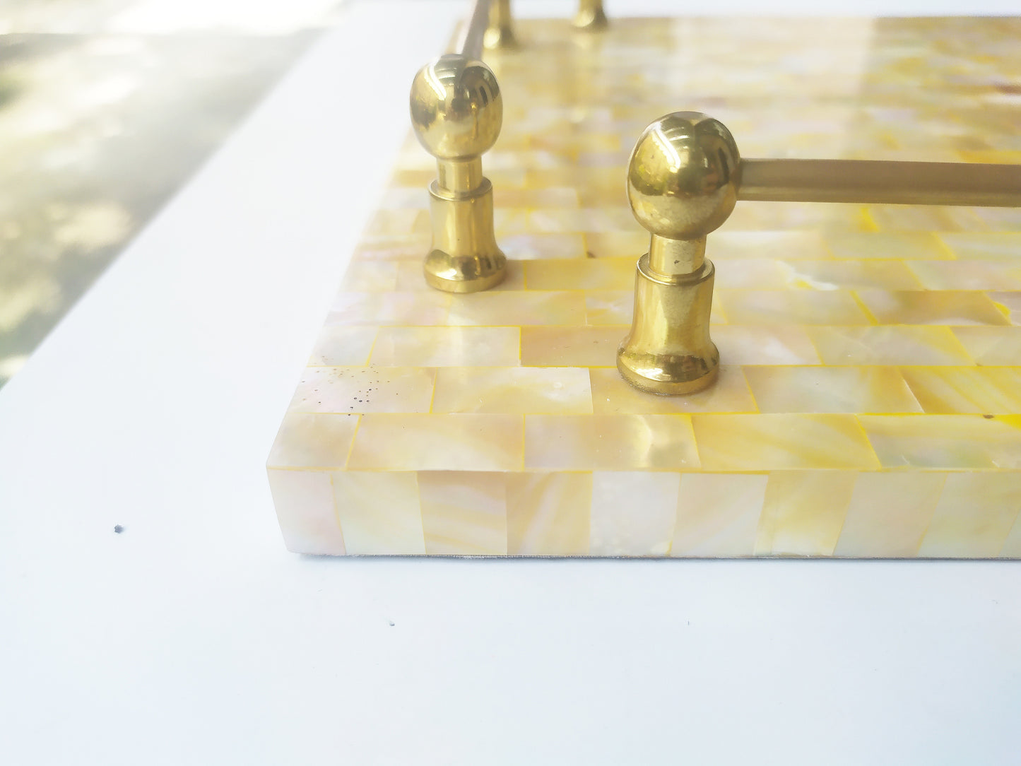 Mother of Pearl Square Decorative Tray - Pearl Yellow Tray with Brass Handles
