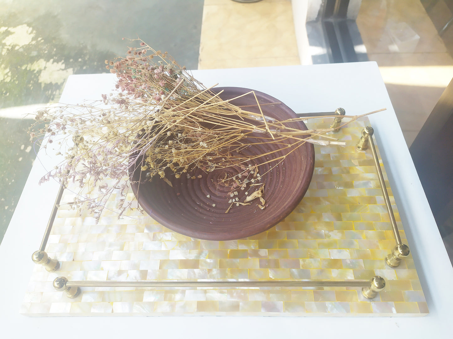 Mother of Pearl Square Decorative Tray - Pearl Yellow Tray with Brass Handles