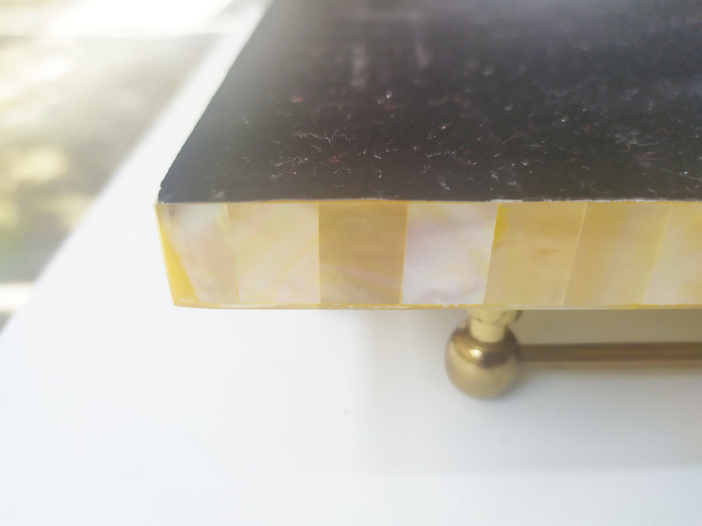 Mother of Pearl Square Decorative Tray - Pearl Yellow Tray with Brass Handles