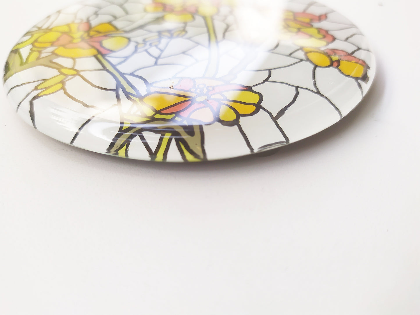Reverse Painted Yellow Buttercup round mirror coaster , zoomed for details