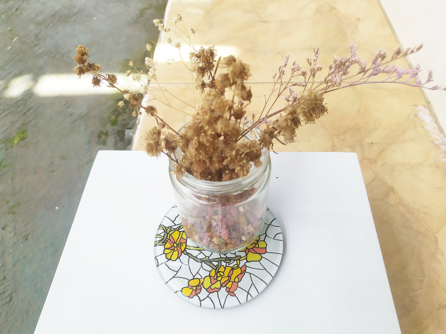 Reverse Painted Yellow Buttercup round mirror coaster , with dry flowers