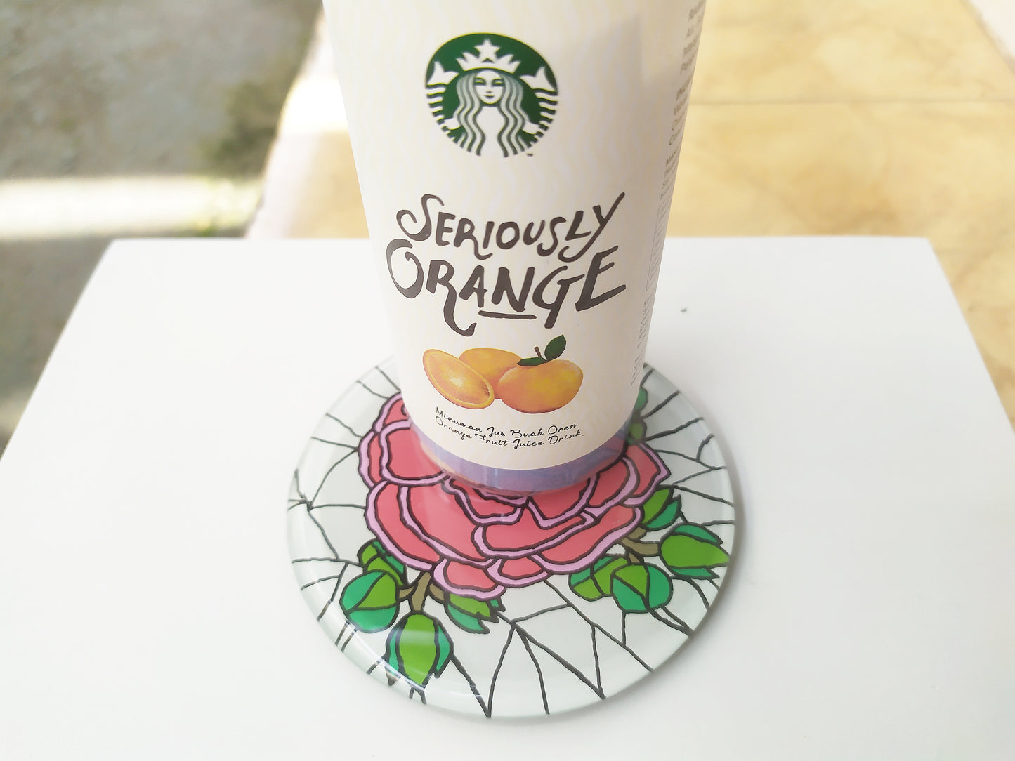 Hand painted flower round glass mirror coaster , with starbucks cup