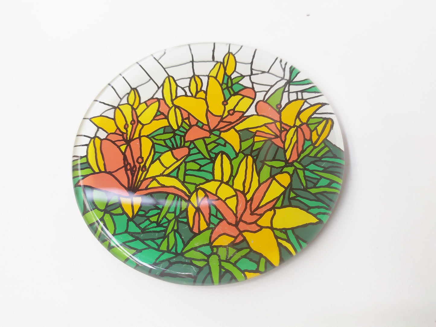 Hand painted Yellow Orchid round mirror coaster