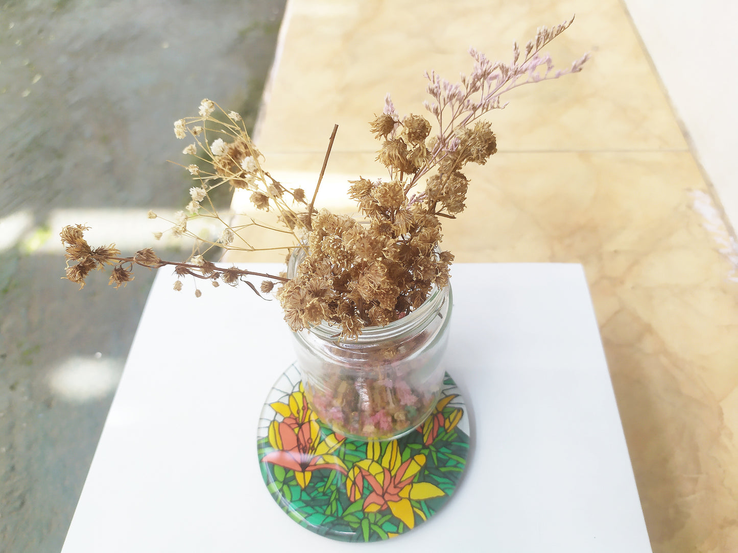 Hand painted Yellow Orchid round mirror coaster , with dry leaves