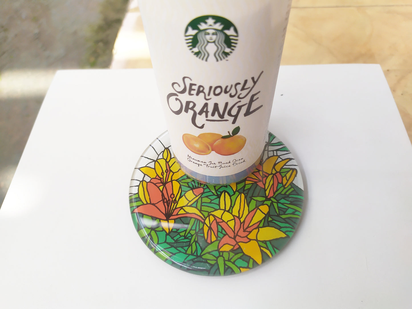 Hand painted Yellow Orchid round mirror coaster , with starbuck cup