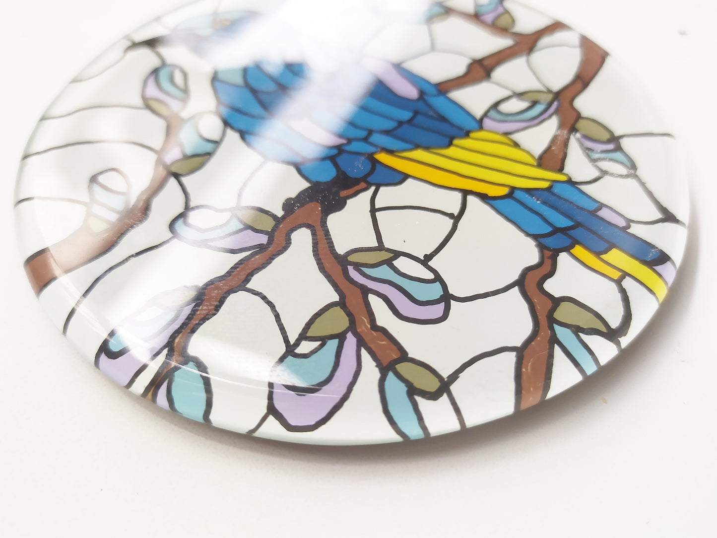 Mirror and glass hand painted bird coaster , zoomed for details