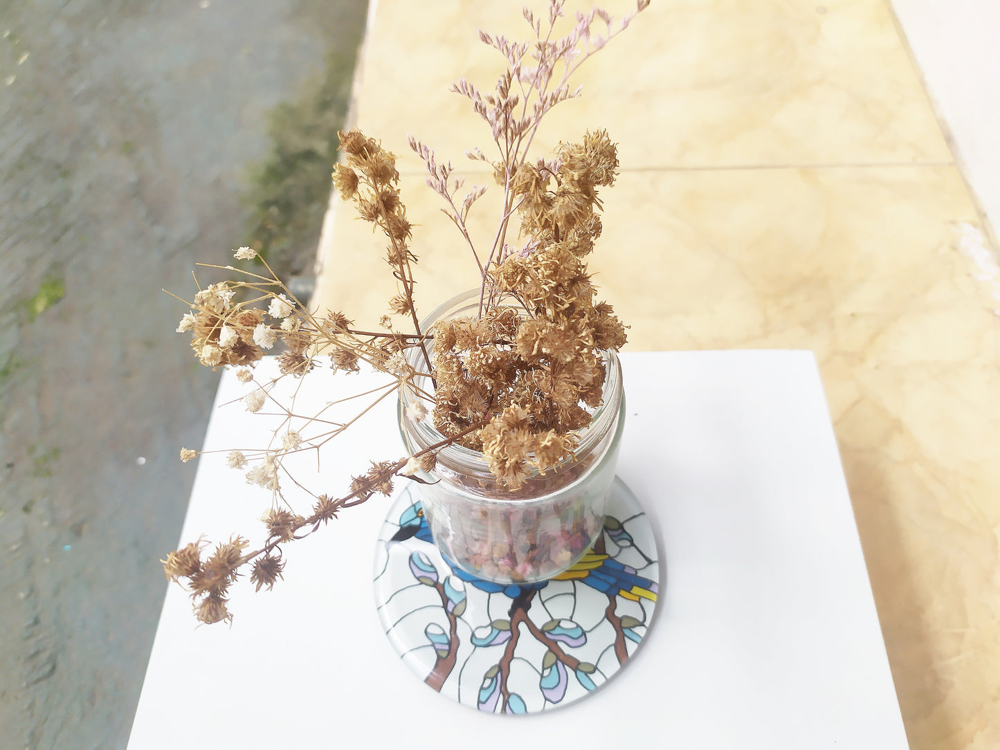 Mirror and glass hand painted bird coaster , with dry leaves