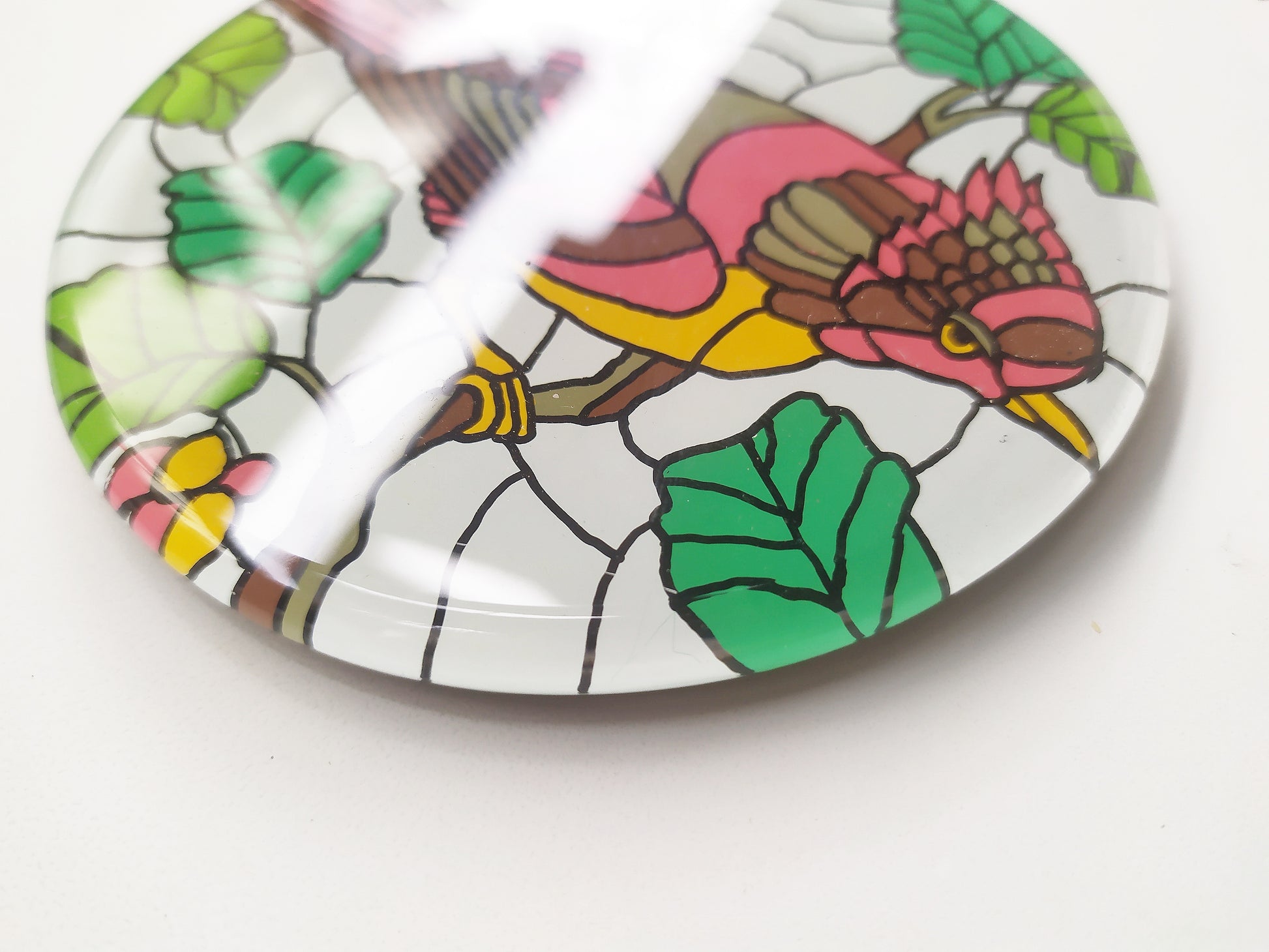Hand Painted Red Bird round mirror coaster , zoomed for details