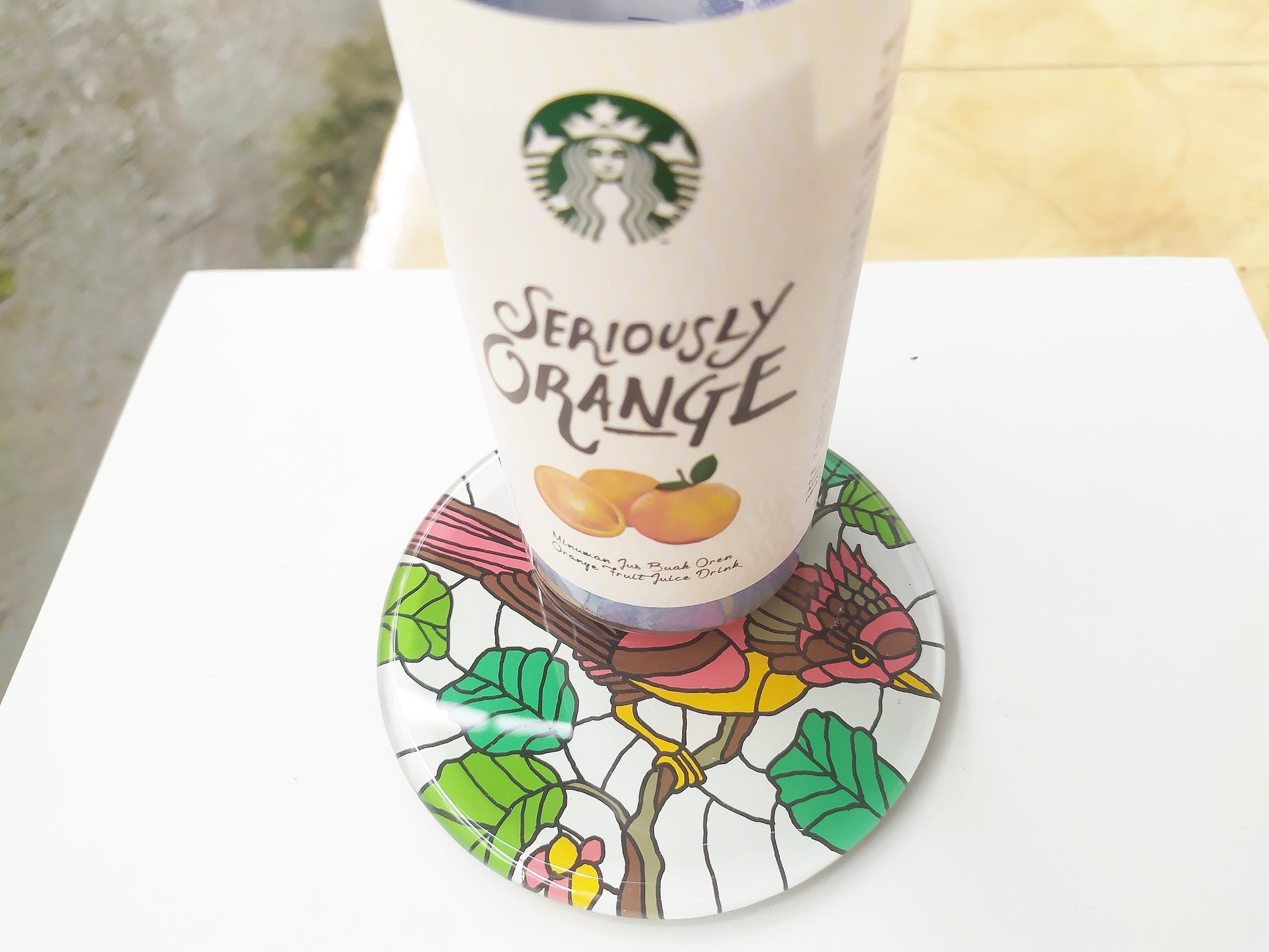 Hand Painted Red Bird round mirror coaster with starbucks cup