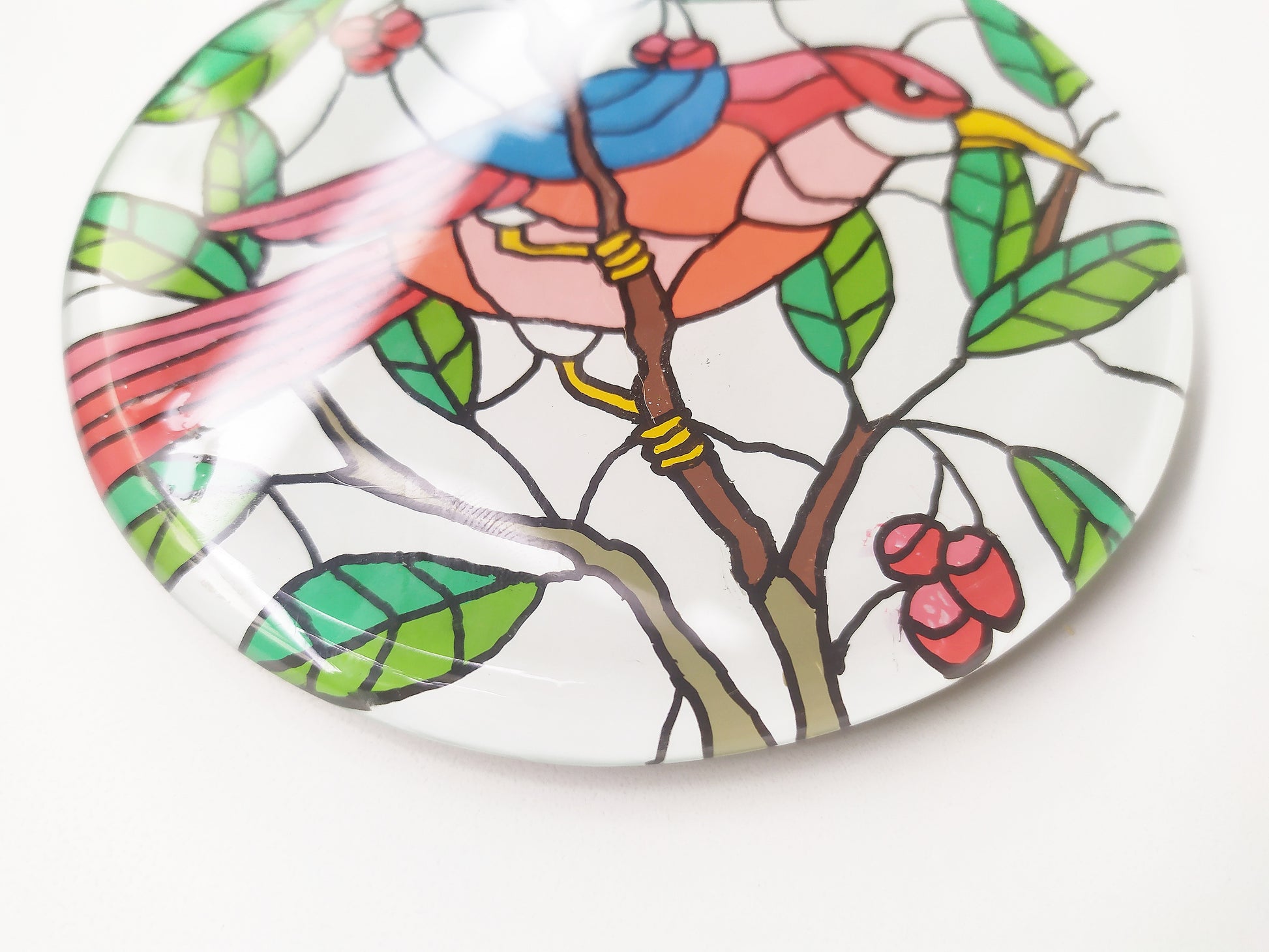 Hand painted bird animal round glass mirror coaster , zoomed for details