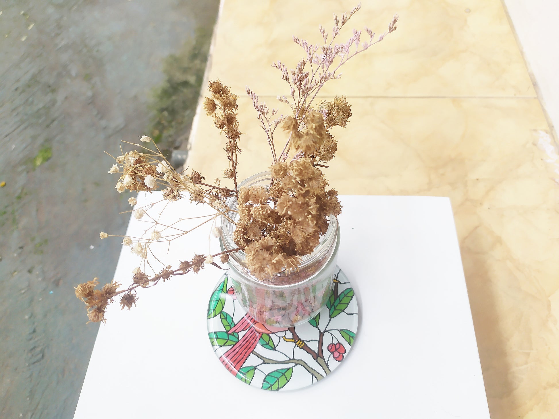 Hand painted bird animal round glass mirror coaster , with dry leaves