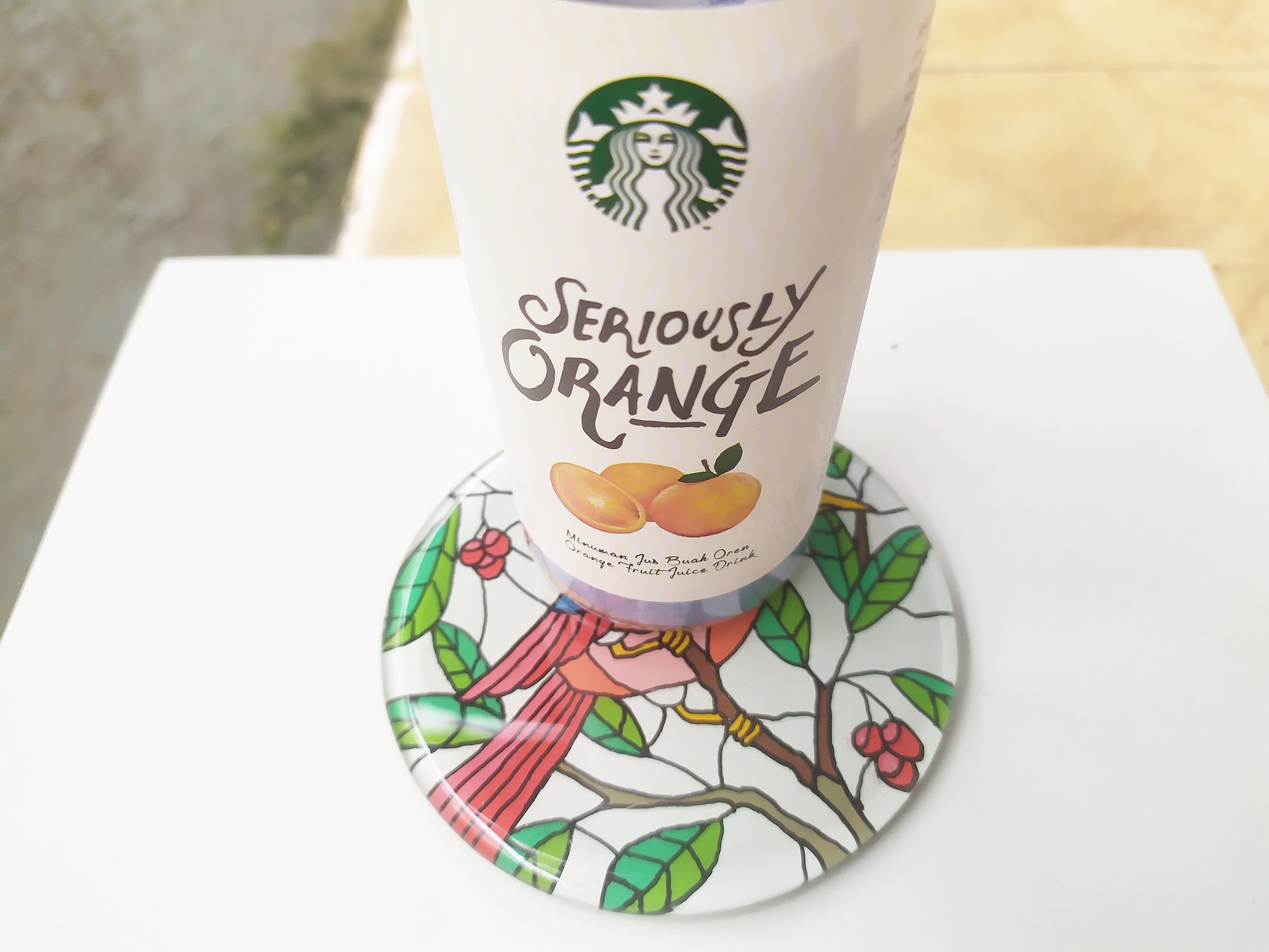 Hand painted bird animal round glass mirror coaster , with starbucks cup