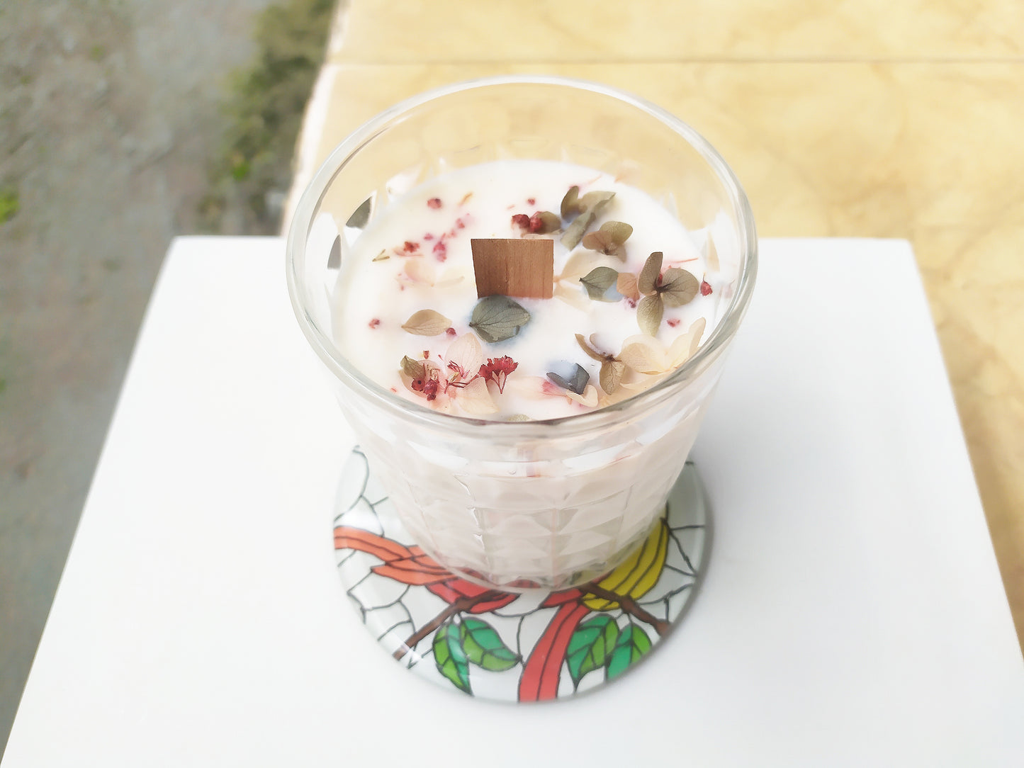Mirror and glass hand painted bird coaster , with aromatic candle