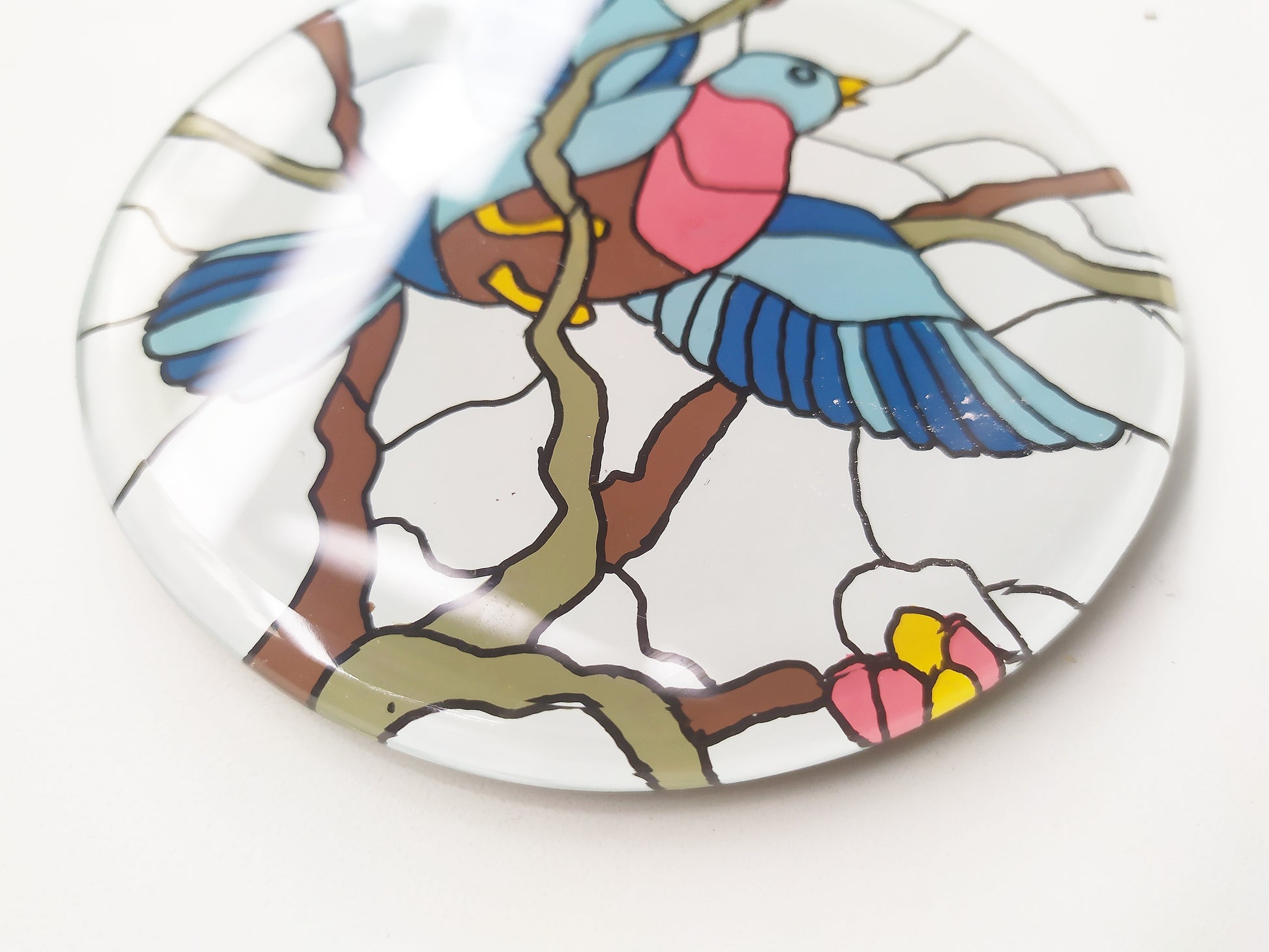 Mirror and glass hand painted bird coaster , zoomed for details