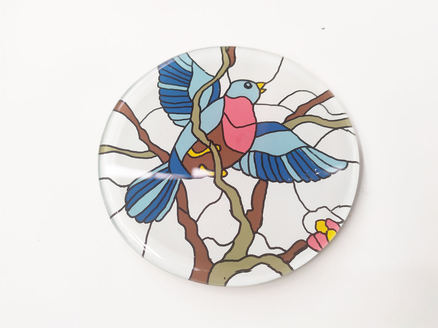 Mirror and glass hand painted bird coaster