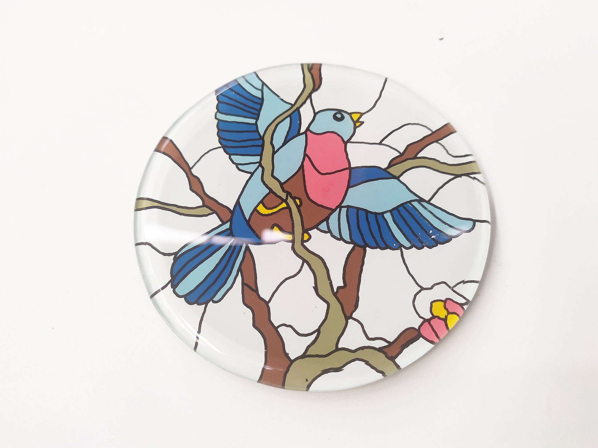 Mirror and glass hand painted bird coaster
