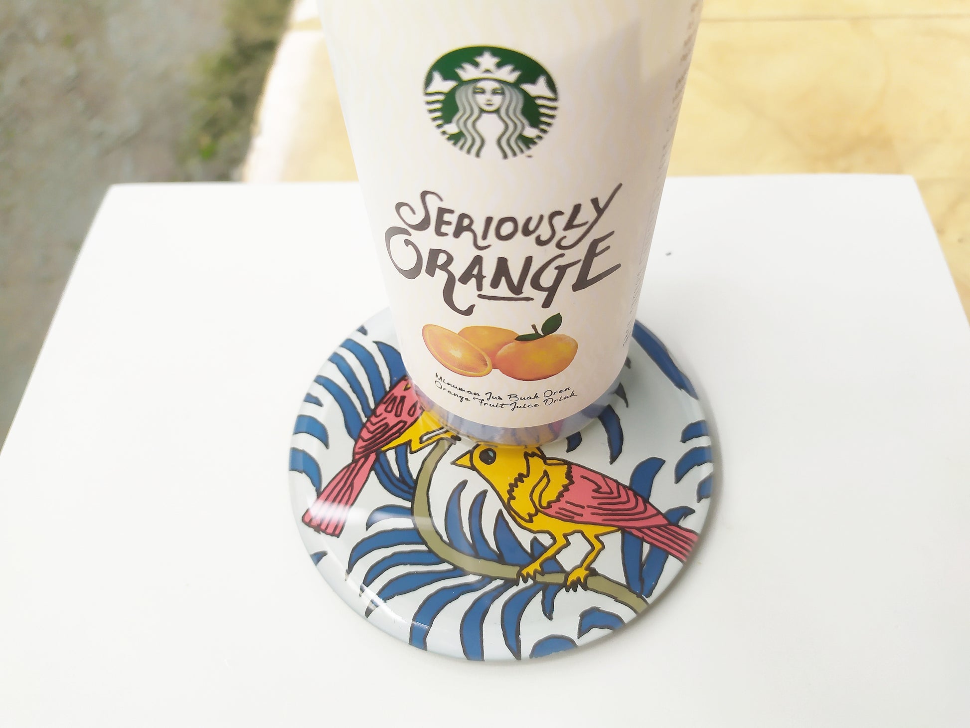 Hand painted bird animal round glass mirror coaster , with starbucks cup