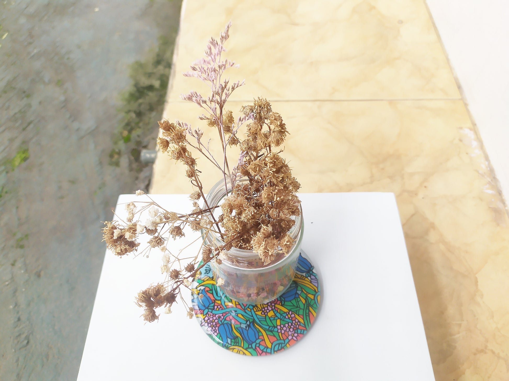 Reverse hand painted mirror and glass coaster with flower pattern , with dry leaves