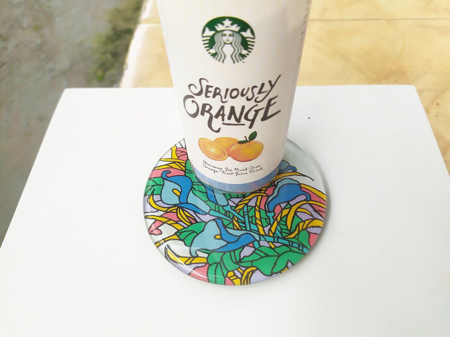 Glass Handpainted Round Coaster - Blue Morning Glory , Mirror Coaster