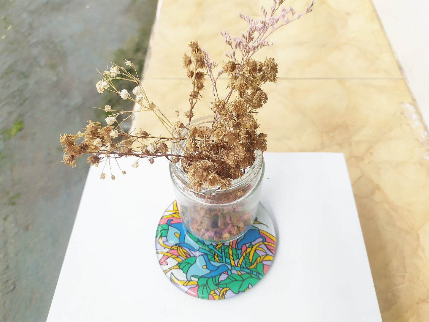 Glass Handpainted Round Coaster - Blue Morning Glory , Mirror Coaster