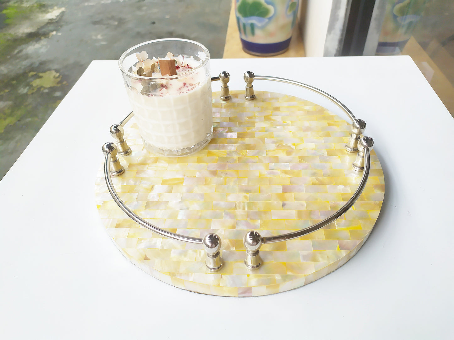 Mother of Pearl Round Decorative Tray - Pearl Yellow Tray with Brass Handles