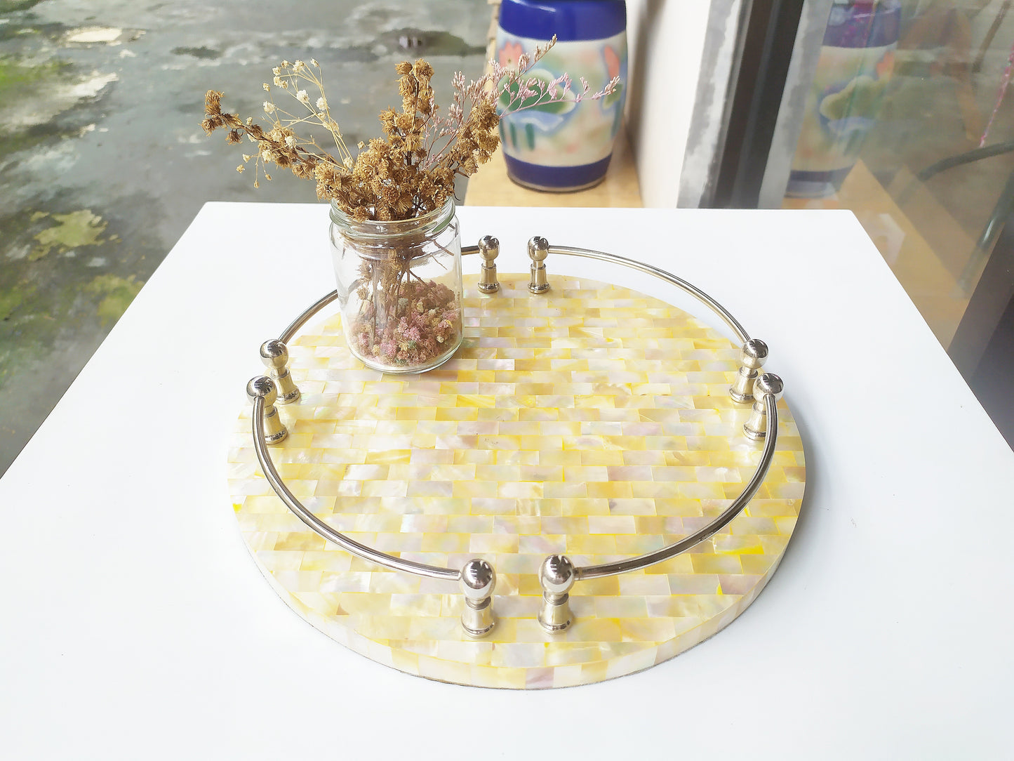 Mother of Pearl Round Decorative Tray - Pearl Yellow Tray with Brass Handles