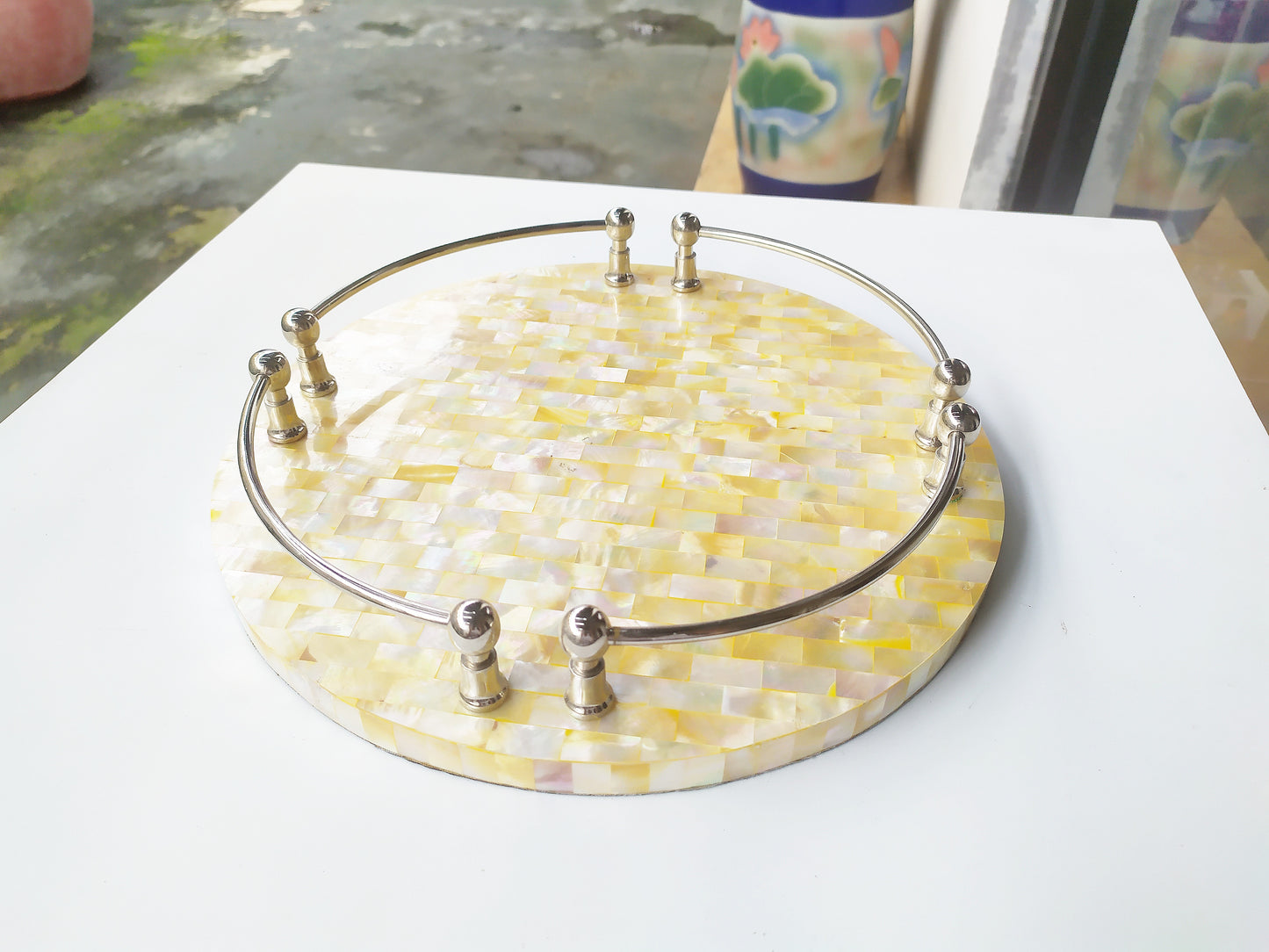 Mother of Pearl Round Decorative Tray - Pearl Yellow Tray with Brass Handles
