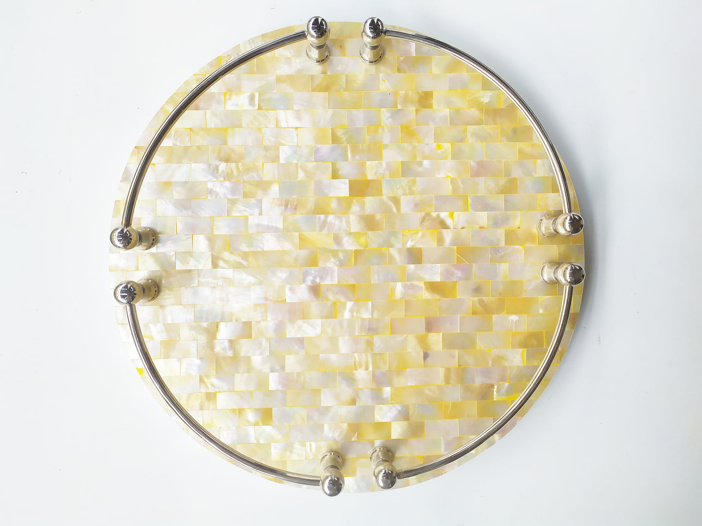 Mother of Pearl Round Decorative Tray - Pearl Yellow Tray with Brass Handles