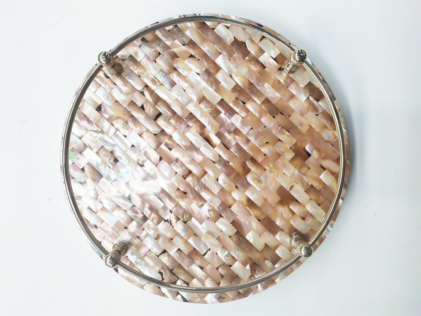 Mother of Pearl Round Decorative Tray - Pearl Pink Tray with Brass Handles