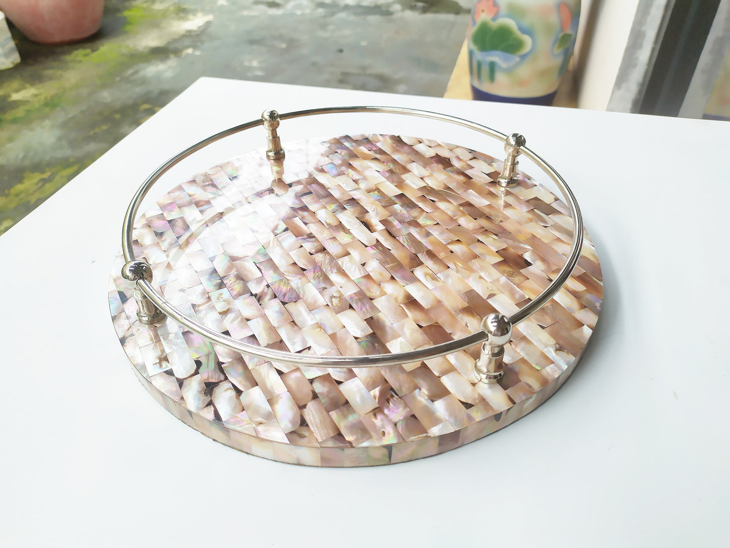 Mother of Pearl Round Decorative Tray - Pearl Pink Tray with Brass Handles