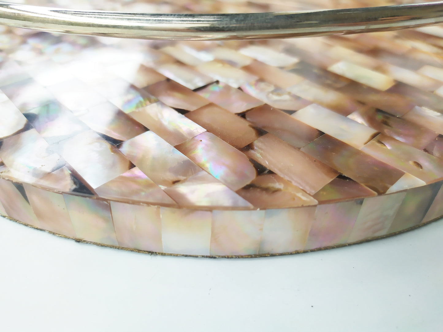 Mother of Pearl Round Decorative Tray - Pearl Pink Tray with Brass Handles