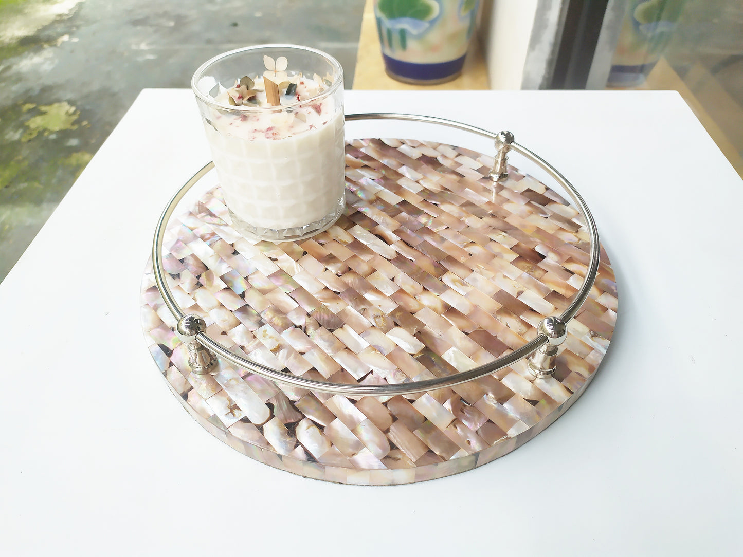 Mother of Pearl Round Decorative Tray - Pearl Pink Tray with Brass Handles