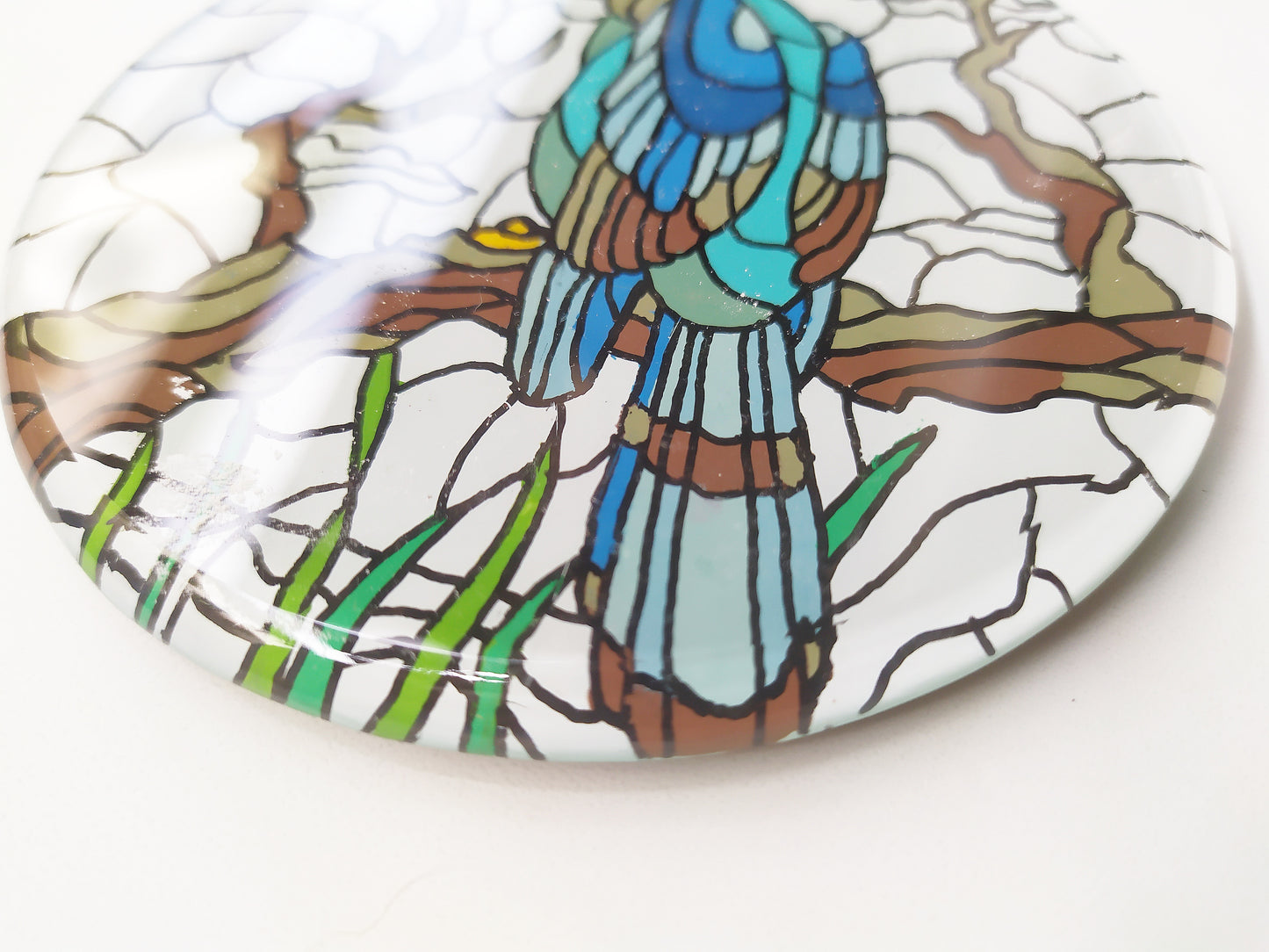 Mirror and glass hand painted bird coaster , zoomed for details