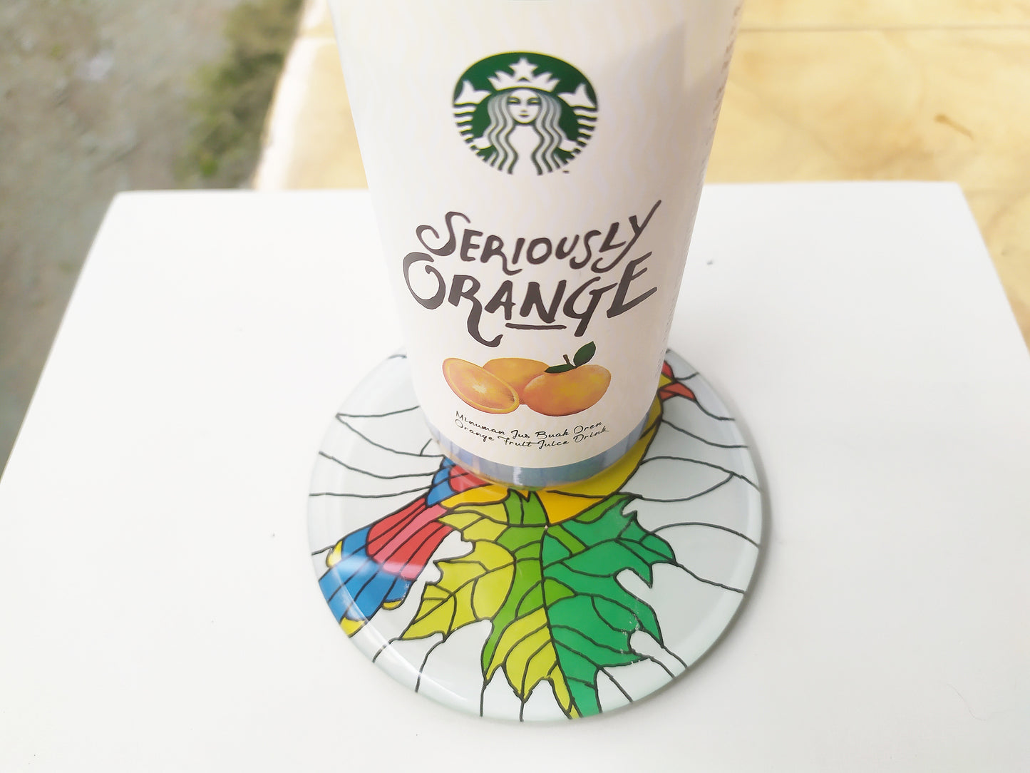 Hand painted bird animal round glass mirror coaster , with starbucks cup