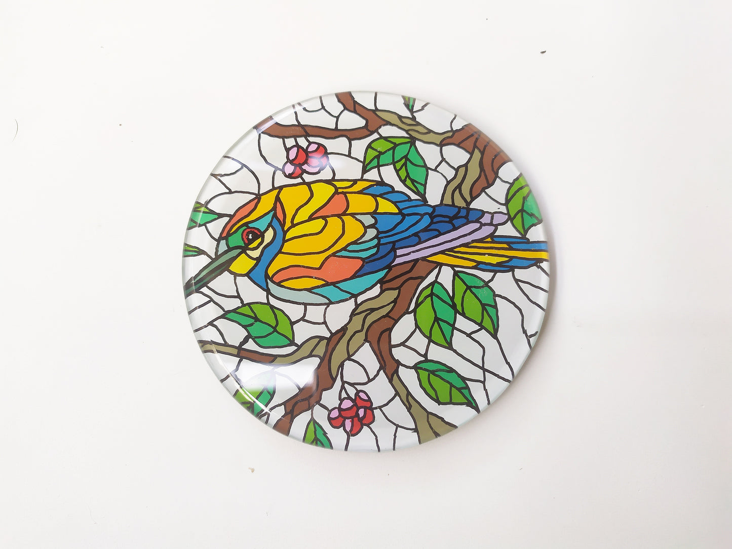 Hand painted Yellow robin round mirror coaster