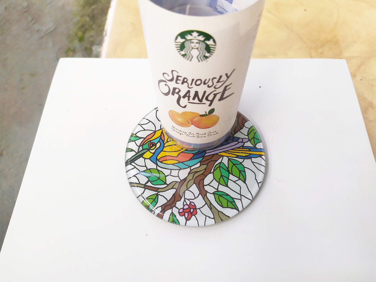 Hand painted Yellow robin round mirror coaster , with starbuck cup