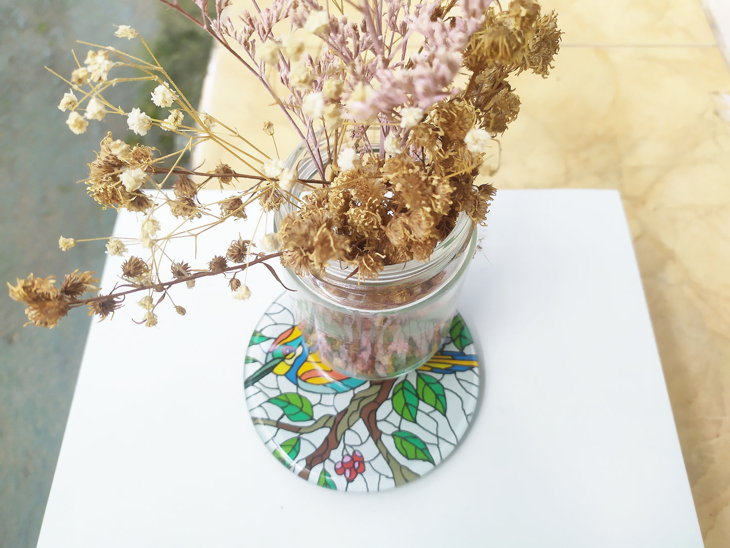 Hand painted Yellow robin round mirror coaster , with dry leaves