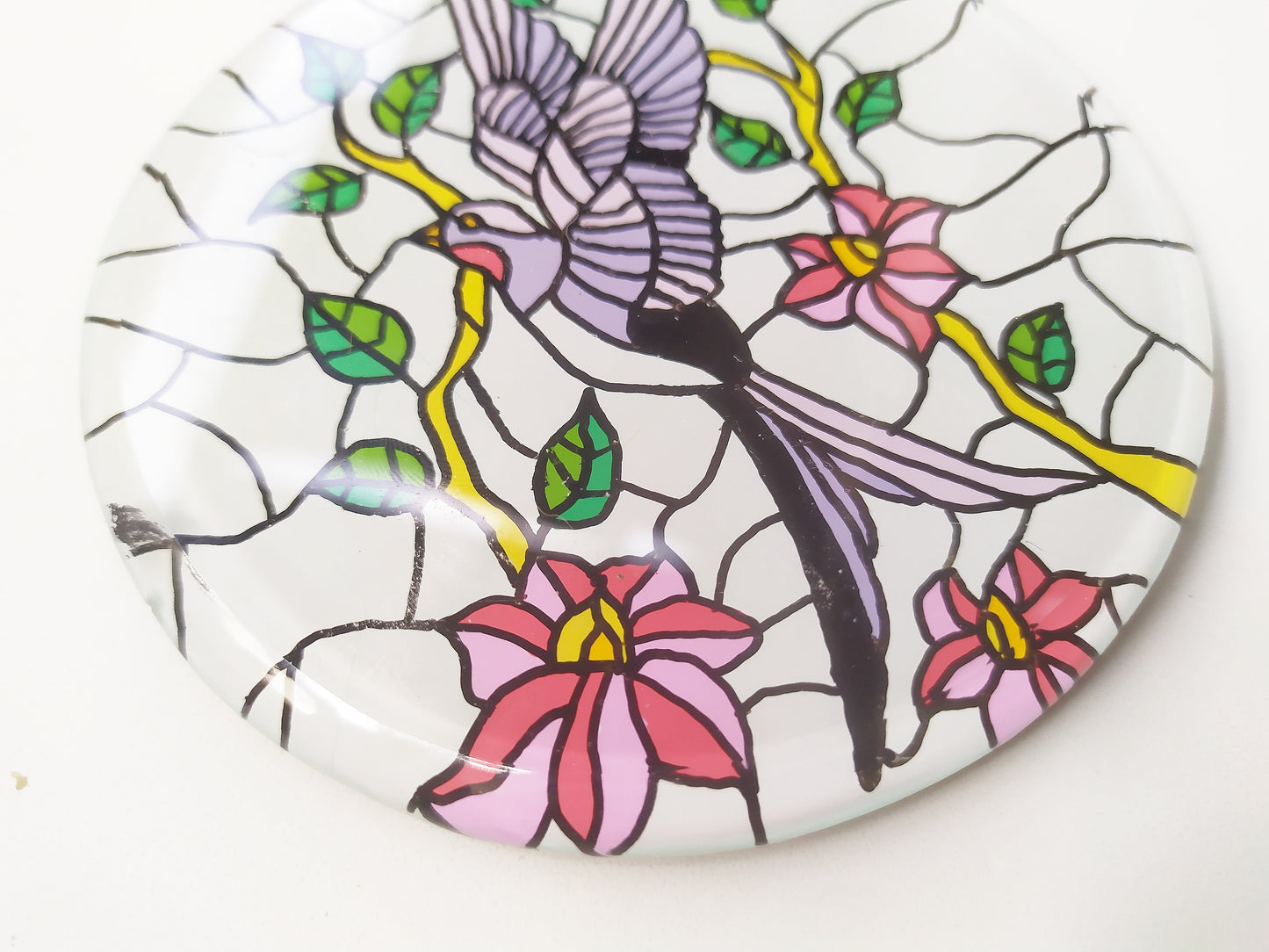 Hand painted bird animal round glass mirror coaster , zoomed for details