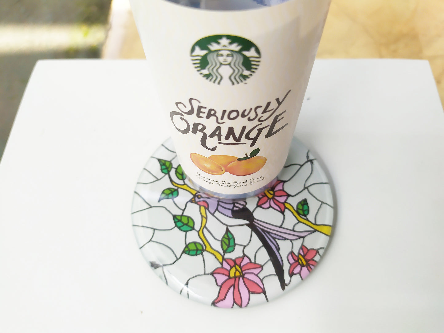 Hand painted bird animal round glass mirror coaster , with starbucks cup