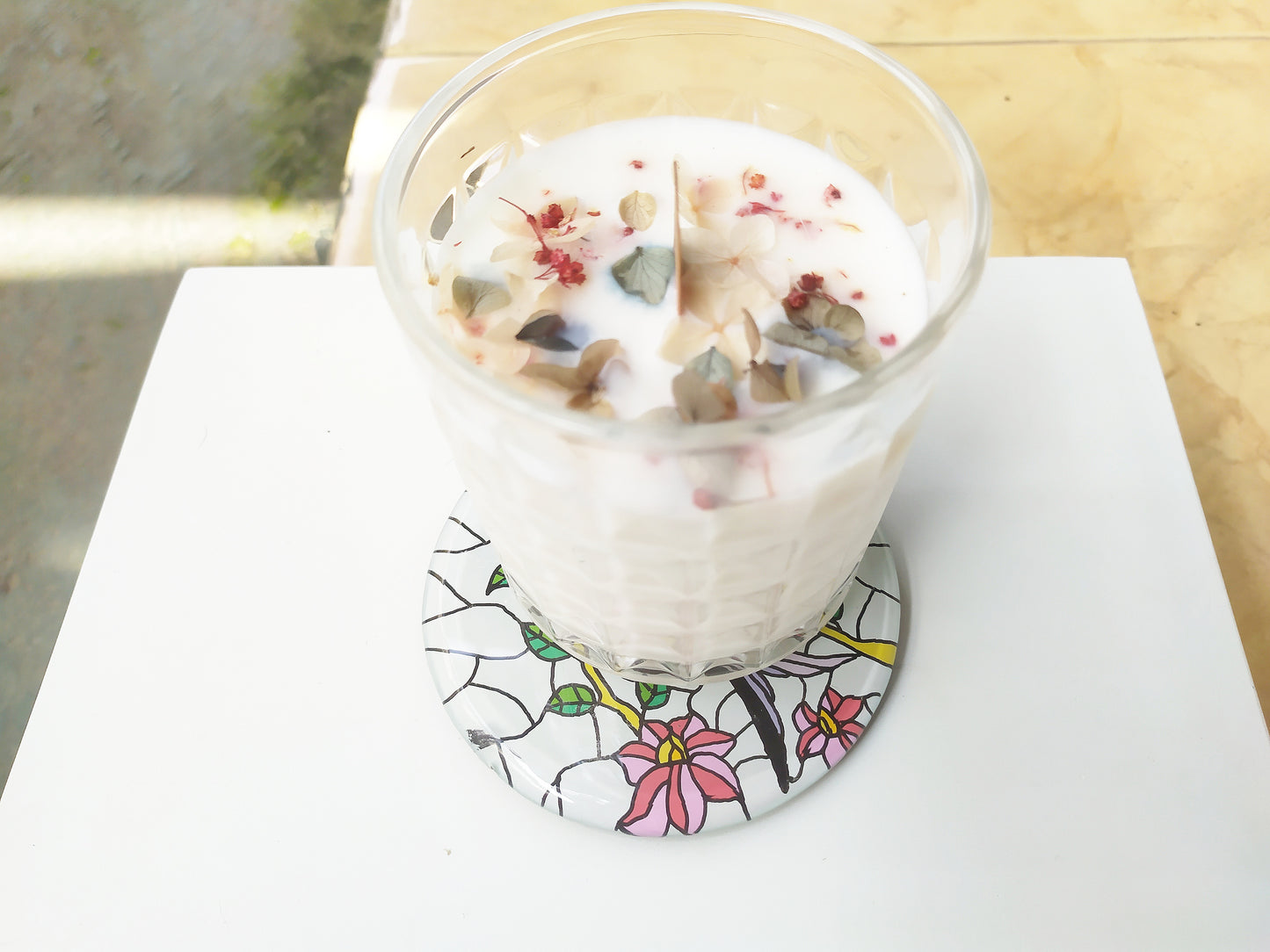 Hand painted bird animal round glass mirror coaster , with aromatic candle