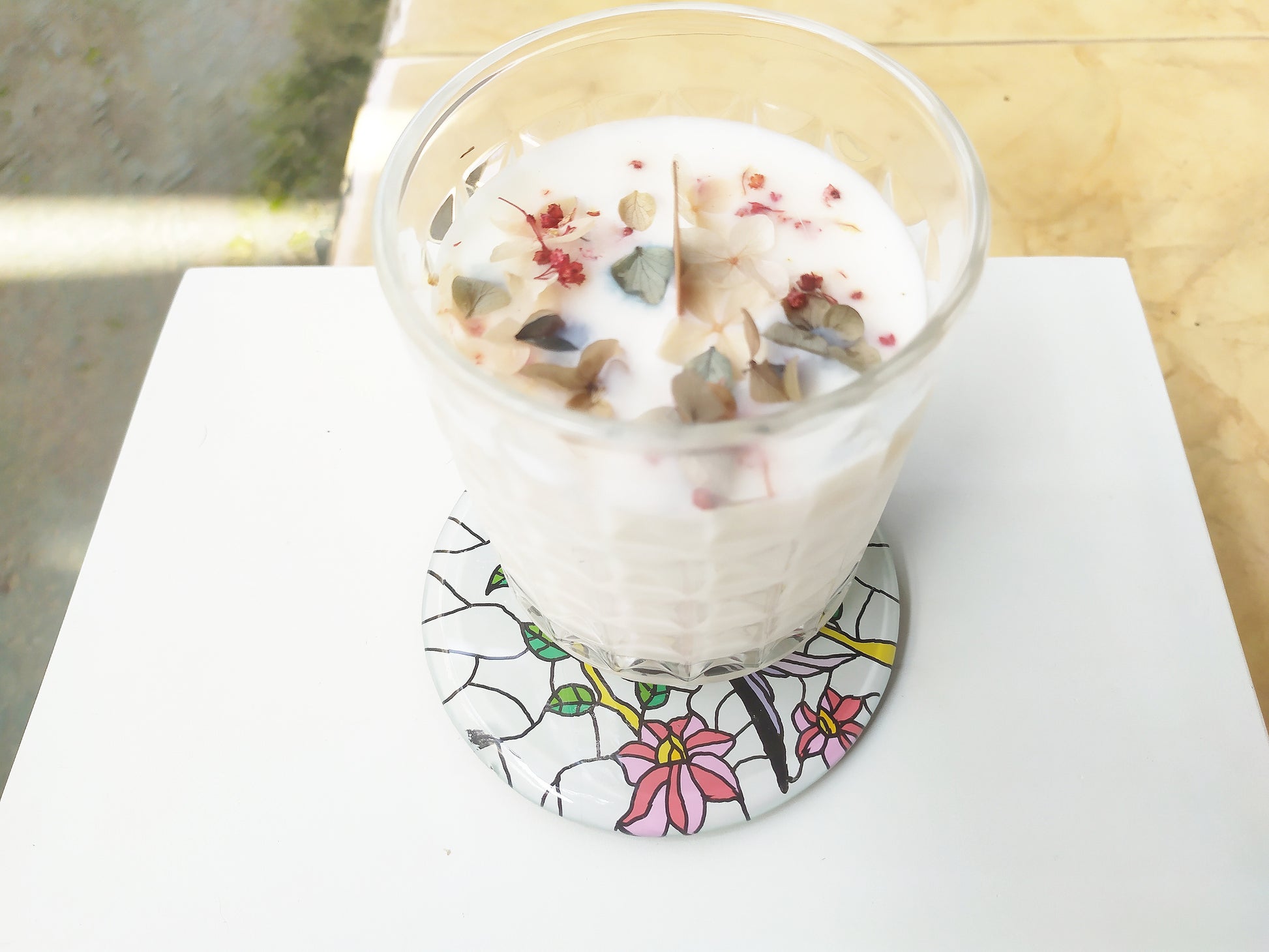 Hand painted bird animal round glass mirror coaster , with aromatic candle